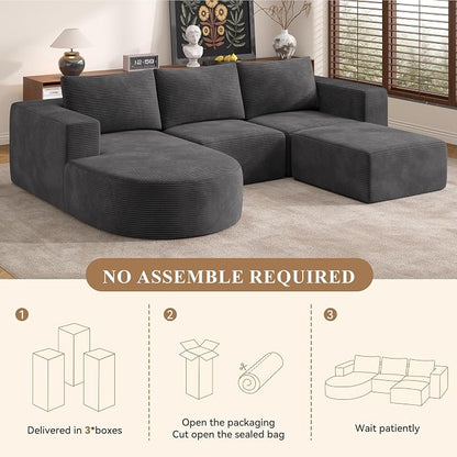 Boneless Couches for Living Room with Chaise,104" Modular Sectional Sofa with Convertible Ottoman,Cozy Cloud Couch with U-Shaped,Sponge Compression Sofas in a Box,No Assembly Required(Gray) 1pcs
