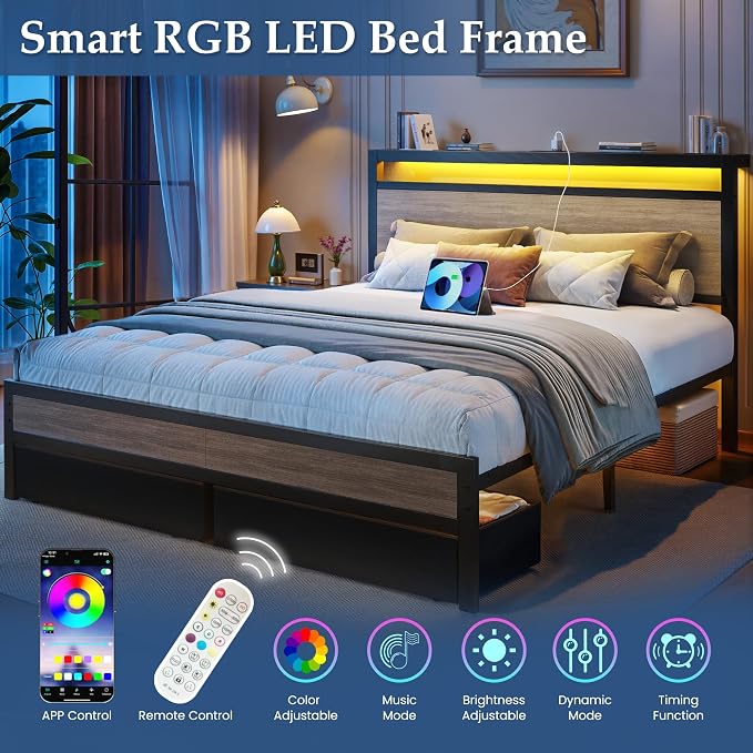 Fluest Queen Bed Frame,Queen Bed Frame with Storage Headboard & 2 Storage Drawer, Charging Station & LED Light, No Box Spring Needed, Noise Free, Easy Assembly, Rustic Grey