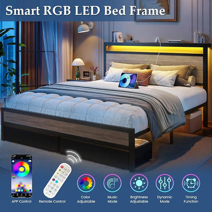 Fluest Queen Bed Frame,Queen Bed Frame with Storage Headboard & 2 Storage Drawer, Charging Station & LED Light, No Box Spring Needed, Noise Free, Easy Assembly, Rustic Grey