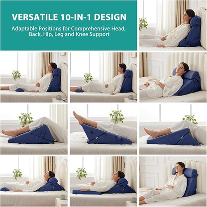 Adjustable 4pcs Bed Wedge Pillow Set, Memory Foam Wedges Pillow Post Surgery for Back, Neck, Leg Pain Relief, Pillows Wedge for Sleeping, Sitting up in Bed, Acid Reflux and GERD, Navy Blue