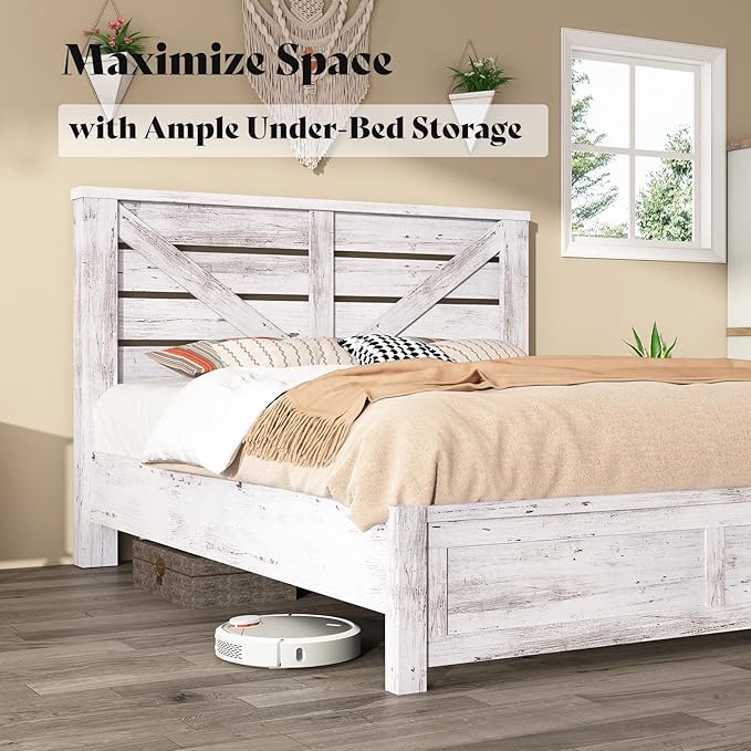 AMERLIFE Queen Size Bed Frame with 49.2" Barn Door Headboard and Footboard, Farmhouse Platform Bed Frame with Wood Slats, No Box Spring Needed, Under Bed Storage, Distressed White