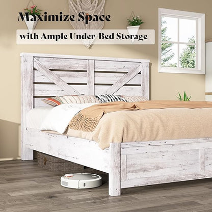 AMERLIFE Queen Size Bed Frame with 49.2" Barn Door Headboard and Footboard, Farmhouse Platform Bed Frame with Wood Slats, No Box Spring Needed, Under Bed Storage, Distressed White