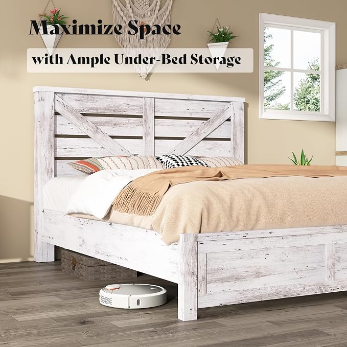AMERLIFE Full Size Bed Frame with 49.2" Barn Door Headboard and Footboard, Farmhouse Platform Bed Frame with Wood Slats, No Box Spring Needed, Under Bed Storage, Distressed White