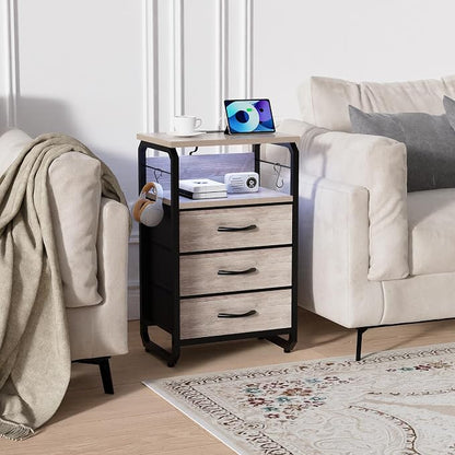 runjuly Night Stand Set 2 with LED Lights, Nightstands with Power Outlets and Type C Port, Large End Tables with 3 Fabric Drawers, Matching Bedside Table with Storage for Bedroom Teen Room, Greige