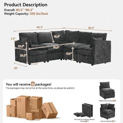 80" Dark Grey Modular Storage Sofa, V Shaped Chenille Cloud Couch | Oversized Convertible Sectional Sofa, 5-Seat Sectional Couch With Armrests, Large Cloud Couch For Living Room, Apartment.