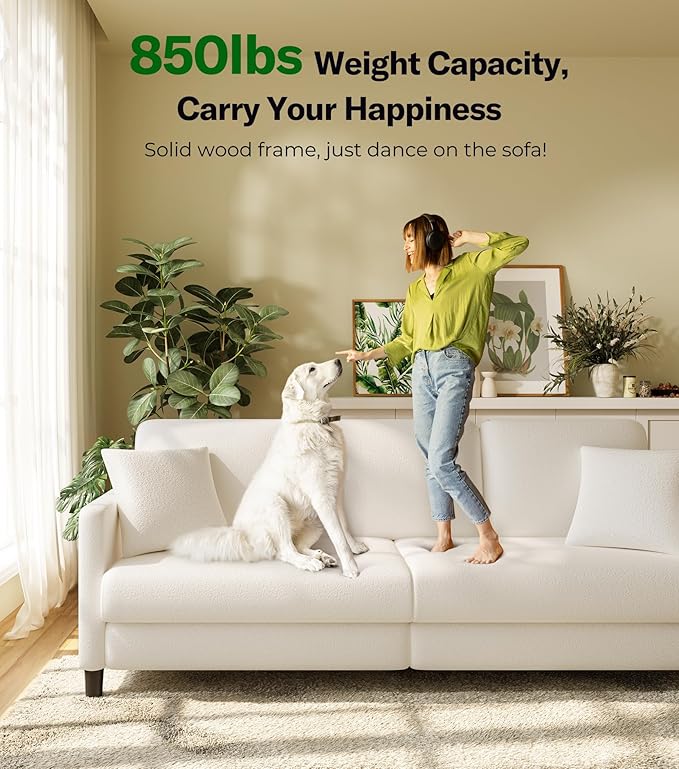 Welzona 83" Couches for Living Room, Teddy Sofa Couch, Comfy Sofas for Living Room, Tool-Free Setup Loveseat Sofa, All-Wood Love Seat Couches, Small Couch with 2 Pillows, Beige White