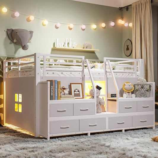Bellemave Full Low Loft Bed,Metal Kids Loft Bed Frame for Boys Girls,White | Fabric Drawers,LED Lights,Storage Shelves,Under-bed Space,Space-saving