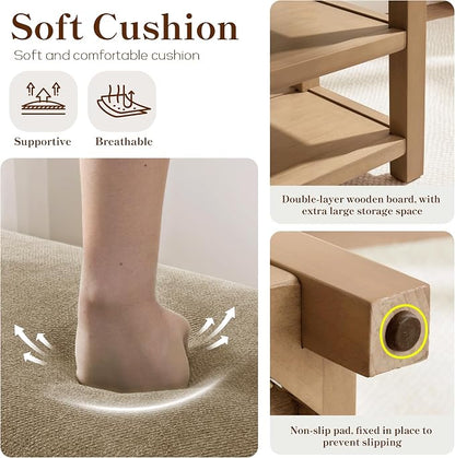 Zihanhome 2 Tier Shoe Rack Bench with Cushion, Solid Wood Shoe Benches, Mid-Century Modern Shoe Storage Bench for Entryway, Hallway, Living Room, Closet, Front Door Entrance, (Brown, 39.4")