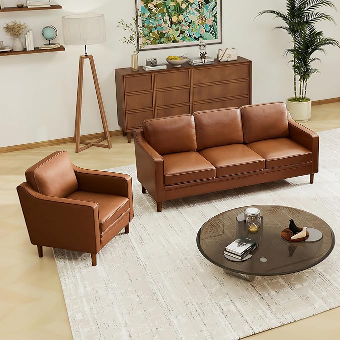 Kingfun Couch Sets for Living Room, 3 Seater Couch and Armchair, Mid Century Modern Sofa Set, Faux Leather Couch with Solid Wood Frame for Bedroom