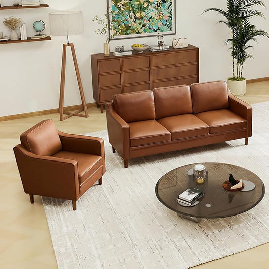 Kingfun Couch Sets for Living Room, 3 Seater Couch and Armchair, Mid Century Modern Sofa Set, Faux Leather Couch with Solid Wood Frame for Bedroom