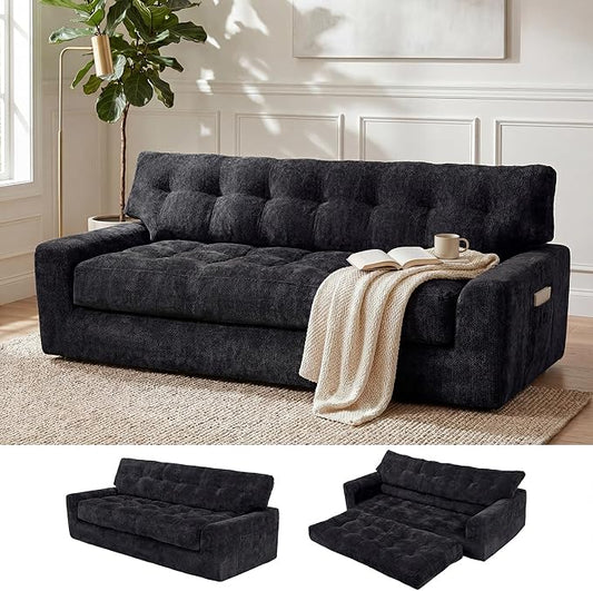 MONVANE 75.6" Convertible 3 Seater Sofa, Comfy Chenille Cloud Couch with Storage Pocket, Modern Deep Seat Boneless Couch, 3 Seater Sofa for Living Room, No Assembly Required, Black