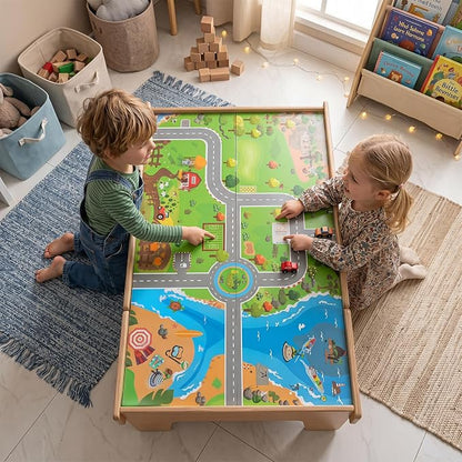 Costzon 110-Piece Wooden Train Table with Drawer for 3+ Years Old Toddlers | 3-in-1 Kids Activity Play Set w/ Reversible Tabletop, Storage Space, Train Tracks, Figures, Vehicles, and Buildings
