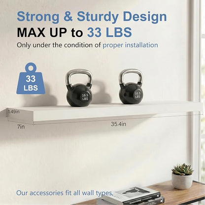 Floating Shelves for Wall, Bathroom Shelves Over Toilet, Wall Shelves & Book Shelf for Room, Hanging Shelf, Modern Wooden Mounted Floating Shelves, 36x7x1.5 in (White, Set of 2)