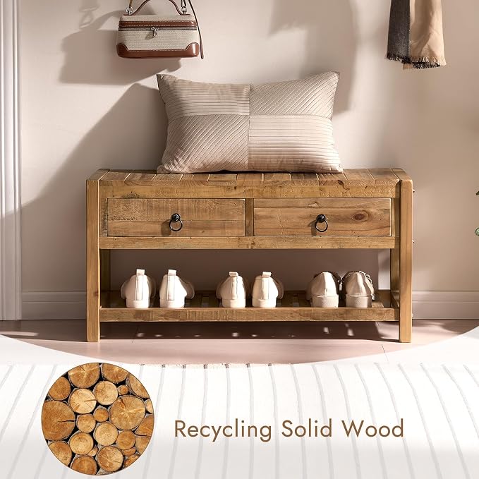 Wnutress 31.3" Reclaimed Solid Wood Benches with 2 Drawers & Slatted Storage Shelf, Rustic Farmhouse Long Entryway Bench Seat for Indoor, End of Bed, Living Room, Hallway, Natural Finsh
