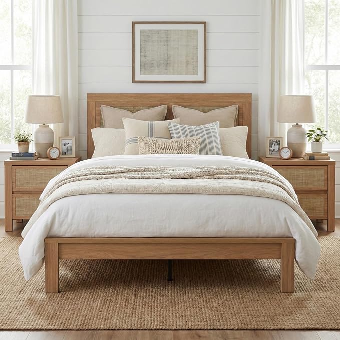 XIAO WEI 3-Piece Boho Bedroom Furniture Set, Queen Wood Bed Frame with Tall Rattan Headboard, Night Stand Set of 2 with Charging Station, Modern Bedroom Furniture Set