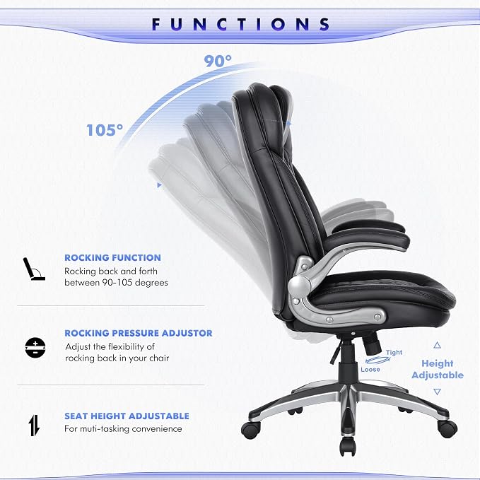 Executive Office Chair-Ergonomic Computer Desk Chair, High Back Leather Chair with Padded Flip-up Arms, Swivel Home Office Chair Upgraded Caster-Black