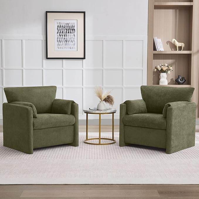 Oversized Accent Chair for Living Room, 32.68" Modern Armchair Set of 2 with Deep Seat, Mid-Century Comfy Reading Chair with Padded Arms, Large Chenille Single Sofa Chairs for Bedroom, Green