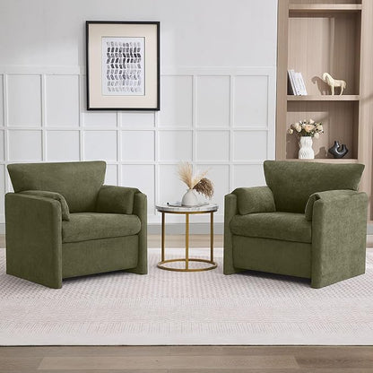 Oversized Accent Chair for Living Room, 32.68" Modern Armchair Set of 2 with Deep Seat, Mid-Century Comfy Reading Chair with Padded Arms, Large Chenille Single Sofa Chairs for Bedroom, Green