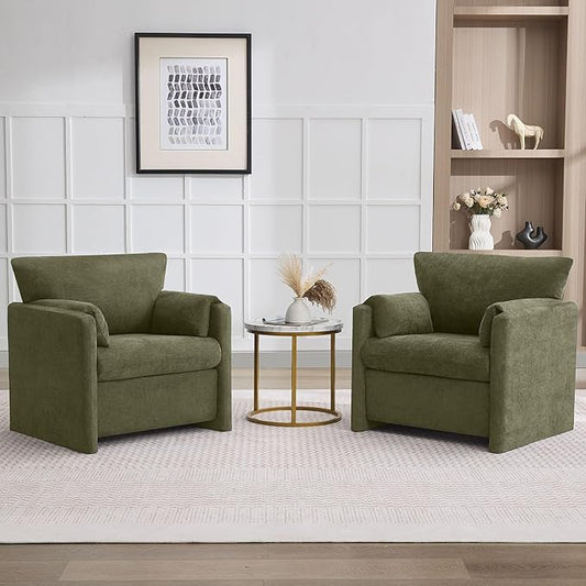 Oversized Accent Chair for Living Room, 32.68" Modern Armchair Set of 2 with Deep Seat, Mid-Century Comfy Reading Chair with Padded Arms, Large Chenille Single Sofa Chairs for Bedroom, Green