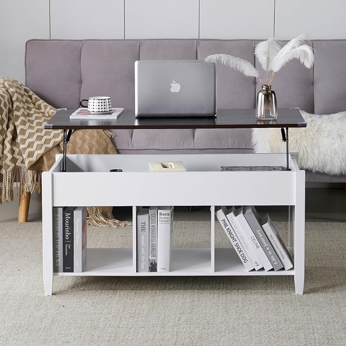 VINGLI Lift Top Coffee Table with Hidden Storage, 39" Wood Coffee Table with Lifting Tabletop, 3 Open Shelves, Center Table for Living Room, Home Office, White & Dark Brown
