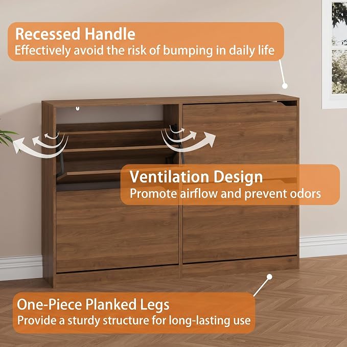 Shoe Storage Cabinet, Wood Shoe Organizer for Entryway with 3 Flip Drawers, Freestanding Shoe Rack with Adjustable Shelf, Narrow Shoe Dresser for Front Door Entrance (Walnut, Standard 4 Drawers)