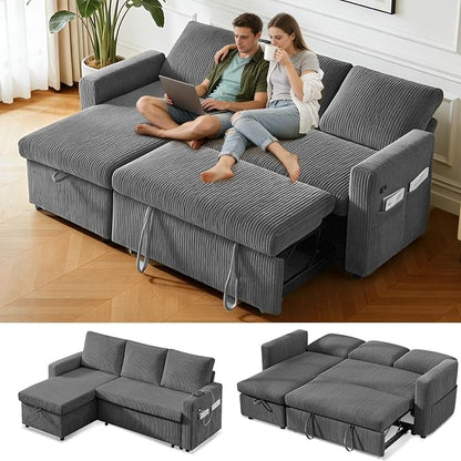 WEUP 82" L Shaped Sectional Sleeper Sofa Bed with Pull Out Bed, Sectional Sleeper Couch Pull Out Couch with Reclining Backrest/Reversible Storage Chaise/USB Ports/Tool-Free Assembly, Corduroy Grey