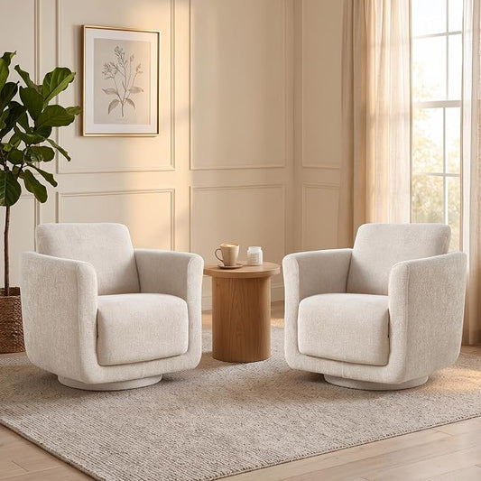 Swivel Accent Chairs Set of 2, Fully Assembled Barrel Chairs, Accent Chairs with Solid Wood Frame & Ergonomic Cushion, 360° Chenille Armchairs for Living Room & Bedroom, Linen