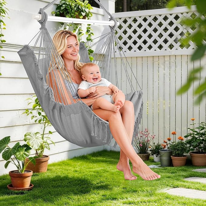 Hammock Chair Hanging Chair Heavy Duty 500 Lbs, Hanging Hammock Chair with Steel Spreader Bar & Adjustable Straps, Indoor Outdoor Hammock Swing for Bedroom Patio Porch Balcony Backyard Camping (Grey)