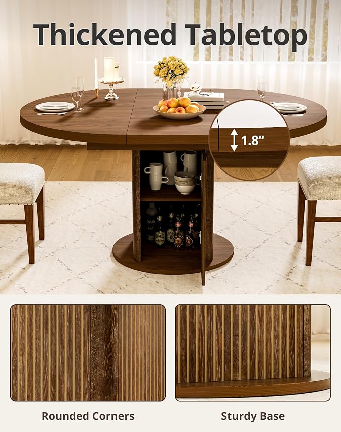 43"-59" Extendable Round Dining Table for 4-8 with Hidden Storage, Oval Dining Room Table with Removable Leaves, Modern Farmhouse Fluted Wood Kitchen Table for Living Room, Walnut