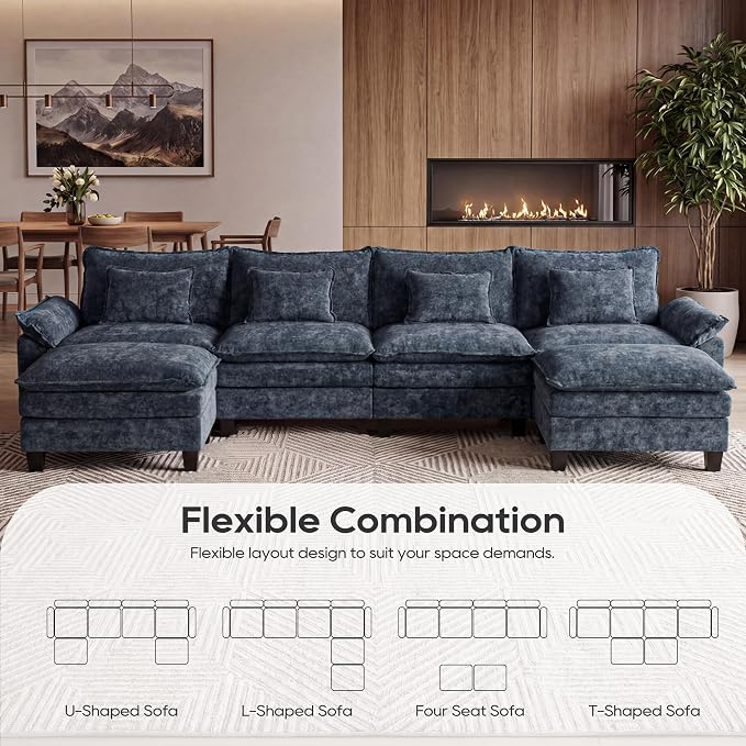 URRED Oversized Modular Sectional Sofa, 157" U Shaped Modern Comfy Cloud Couch with Movable Ottoman & Pillows, Deep Seat Couches for Living Room, Bedroom or Apartment (Chenille Blue, 157" U Shaped)