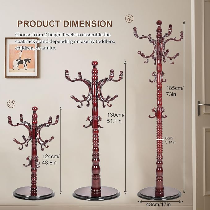 Wooden Coat Rack Freestanding with 18 Hooks, Adjustable Height Coat Tree Free Standing Heavy Duty for Entryway, Easy Assembly Solid Wood Sturdy Coat Hats Hanger Stand for Office Hallway Bedroom