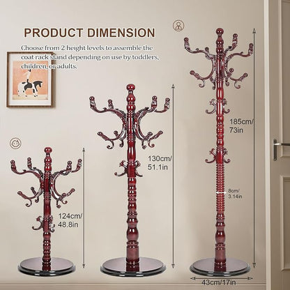 Wooden Coat Rack Freestanding with 18 Hooks, Adjustable Height Coat Tree Free Standing Heavy Duty for Entryway, Easy Assembly Solid Wood Sturdy Coat Hats Hanger Stand for Office Hallway Bedroom