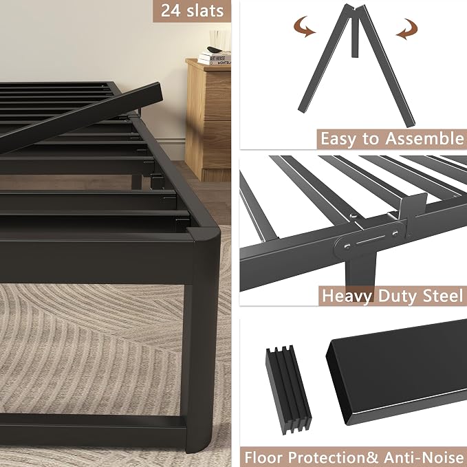 ZTH Queen Size Metal Platform Bed Frame 14 in, No Box Spring Needed, Black | Heavy duty support, Underbed storage, Noise-free design, Anti-slip clips, Rounded legs, Easy assembly, Headboard compatible