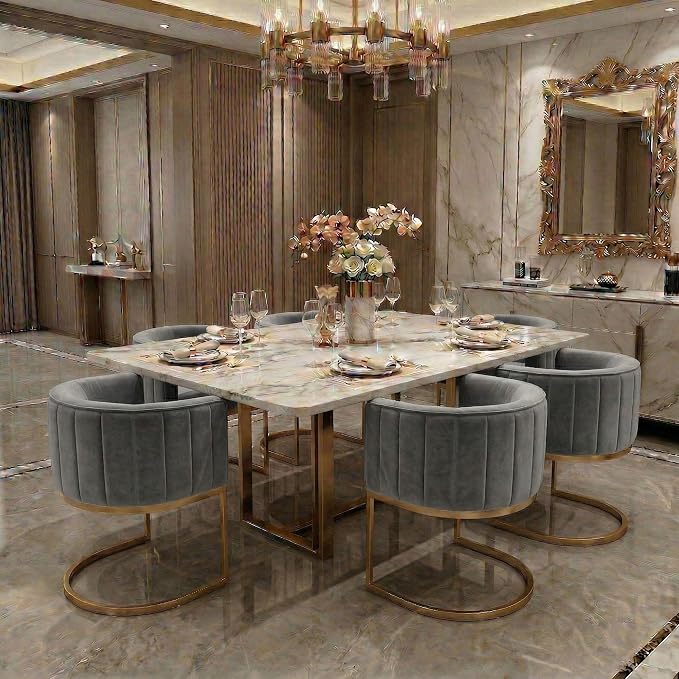 Hyfirm Gray and Gold Modern Barrel Dining Room Chairs Set of 6, Velvet Upholstered Accent Chairs with Curved Back for Kitchen Island, Luxury Comfort Seating Cantilever Metal Frame