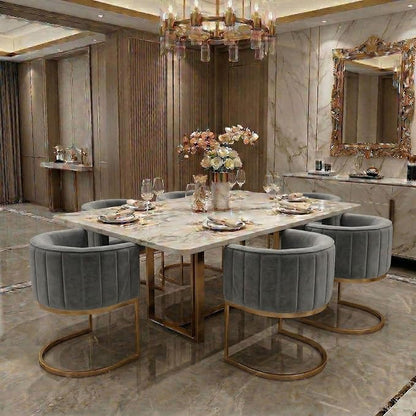 Hyfirm Gray and Gold Modern Barrel Dining Room Chairs Set of 6, Velvet Upholstered Accent Chairs with Curved Back for Kitchen Island, Luxury Comfort Seating Cantilever Metal Frame