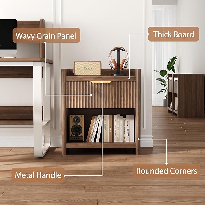 25.9" Fluted Nightstand with Charging Station, Large Modern Bedside Table with Storage Drawer and Metal Handle,End Table for Bedroom, Home Office(1 Pack, Dark Walnut)