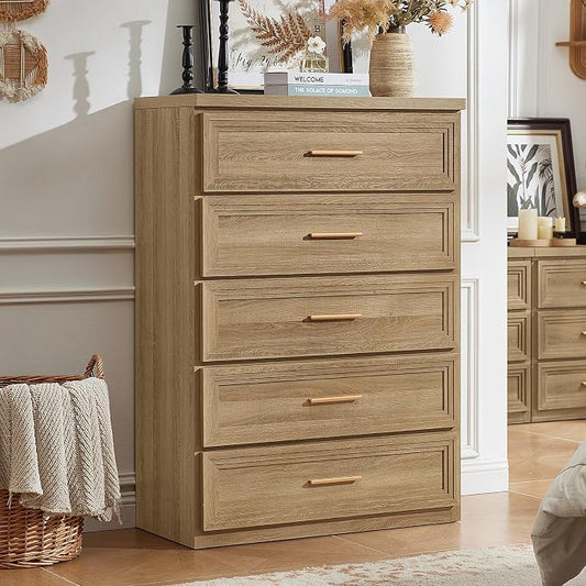 RWYHG Dresser for Bedroom with 5 Drawers 45" Tall Wood Closet Organizer with Metal Handle Furniture for Living Room Hallway Oak