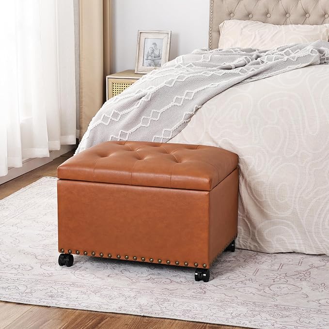 Joveco PU Leather Rolling Storage Ottoman, 24" Tufted Lid, Nailhead Trim & Hidden Storage,Elegant Footrest & Organizer on Caster Wheels for Living Room, Bedroom, Entryway(Orange Brown,Wheels)