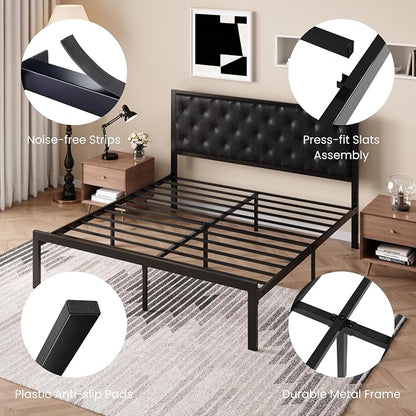 SHA CERLIN King Size Metal Bed Frame with PU Tufted Headboard, Black | Modern Design Heavy-Duty Platform Bed, No Box Spring Need, PU Leather Upholstery, Noise Free, Easy Assembly