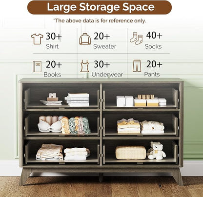 VINGLI Fluted Grey Dresser 6 Drawer Gray Dresser with Rounded Edges, Grey Dressers for Bedroom, 46.8" W*15.5" D*31" H