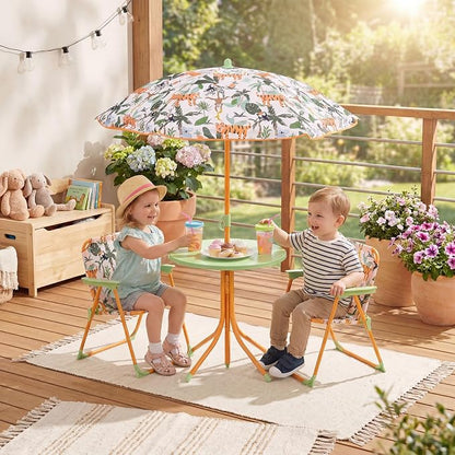 HONEY JOY Kids Picnic Table, Animal Themed Toddler Outdoor Table and Chair Set, 2 Folding Chairs & Removable Umbrella, Children Outdoor Furniture for Backyard Patio Garden (Green Tiger)