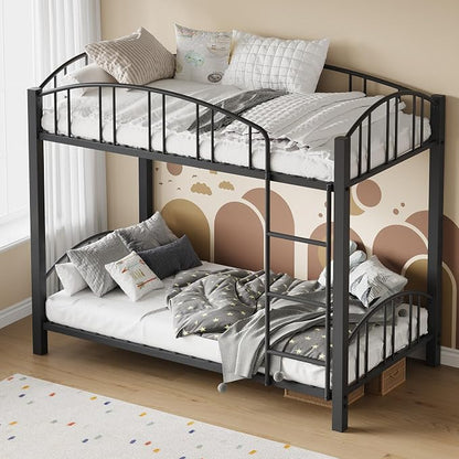 IDEALHOUSE Twin Over Twin Bunk Bed Frame, Twin Bunk Bed Frame with Heightened Arched Guardrail and Safety Ladder, Sturdy Steel Bed for School, Bedroom, Easy Assembly, Modern Black