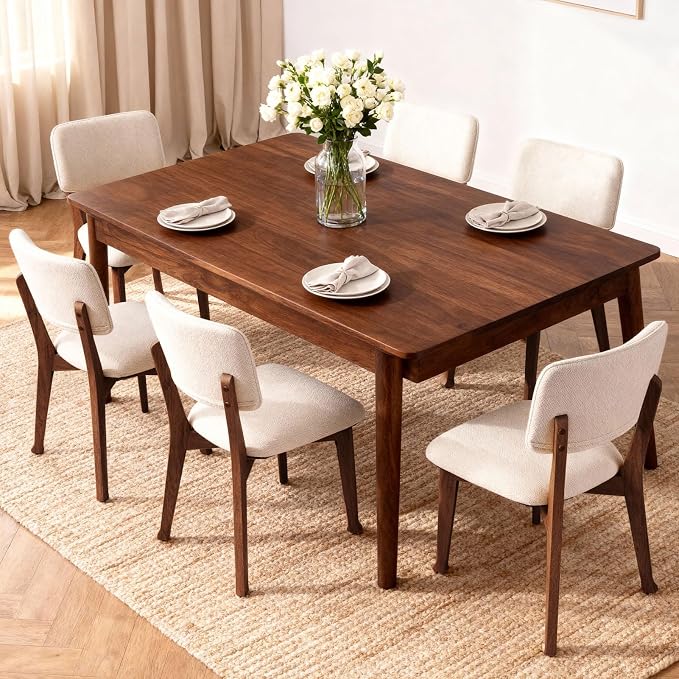 Wooden Dining Chairs Set of 6, Mid Century Modern Kitchen Chairs with Fabric Upholstered and Curved Backrest for Dining Room, Restaurant/Cafe, 300LBS Capacity, Walnut