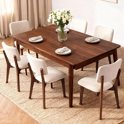 Wooden Dining Chairs Set of 6, Mid Century Modern Kitchen Chairs with Fabric Upholstered and Curved Backrest for Dining Room, Restaurant/Cafe, 300LBS Capacity, Walnut