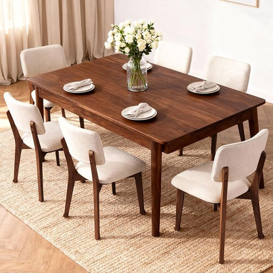 Wooden Dining Chairs Set of 6, Mid Century Modern Kitchen Chairs with Fabric Upholstered and Curved Backrest for Dining Room, Restaurant/Cafe, 300LBS Capacity, Walnut