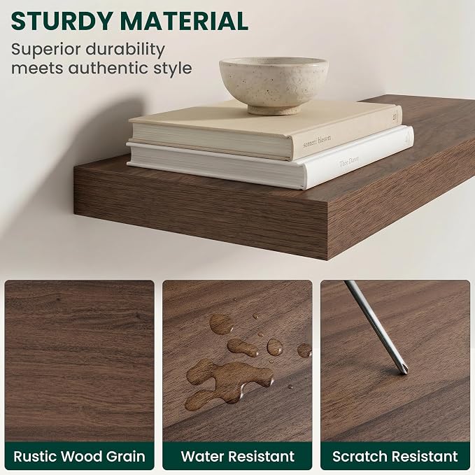Floating Shelves for Wall 16 in x 9.3 in Deep, Wall Mounted Rustic Wood Shelf with Invisible Brackets for Storage & Display, Living Room Bedroom Bathroom, Walnut, 2 Pack