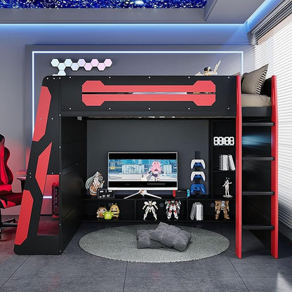 Merax Full Size Loft Bed with Desk, Multi-Storage Shelves and RGB Light | Space-Saving Wooden Gaming Bed Frame with Charging Station and Guardrail