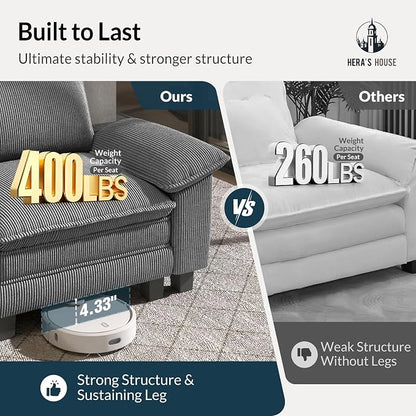 HERA'S HOUSE 158" Oversized Modular Sectional Sofa, Comfy U Shaped Couches for Living Room, Cloud Couch with Ottoman, 6-Seater Deep Seat Sofa with Throw Pillow, Corduroy Grey