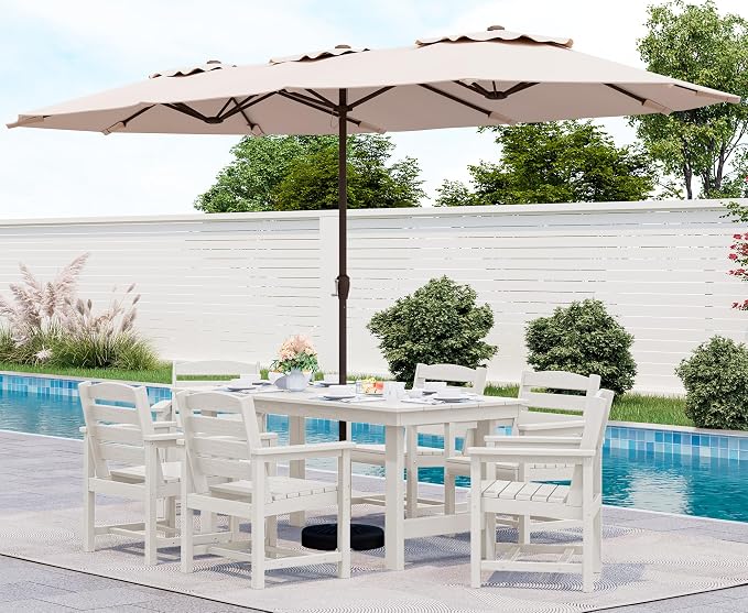 SERWALL 8-Piece Patio Dining Sets with 15FT Umbrella, Outdoor HDPE Dining Furniture Set with Umbrella Hole Cut-Out Table and 6 Chairs, White（Umbrella Base not Included）