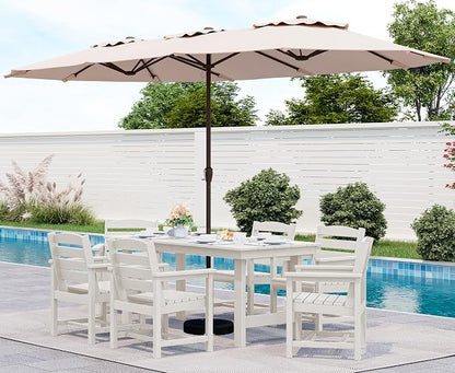 SERWALL 8-Piece Patio Dining Sets with 15FT Umbrella, Outdoor HDPE Dining Furniture Set with Umbrella Hole Cut-Out Table and 6 Chairs, White（Umbrella Base not Included）